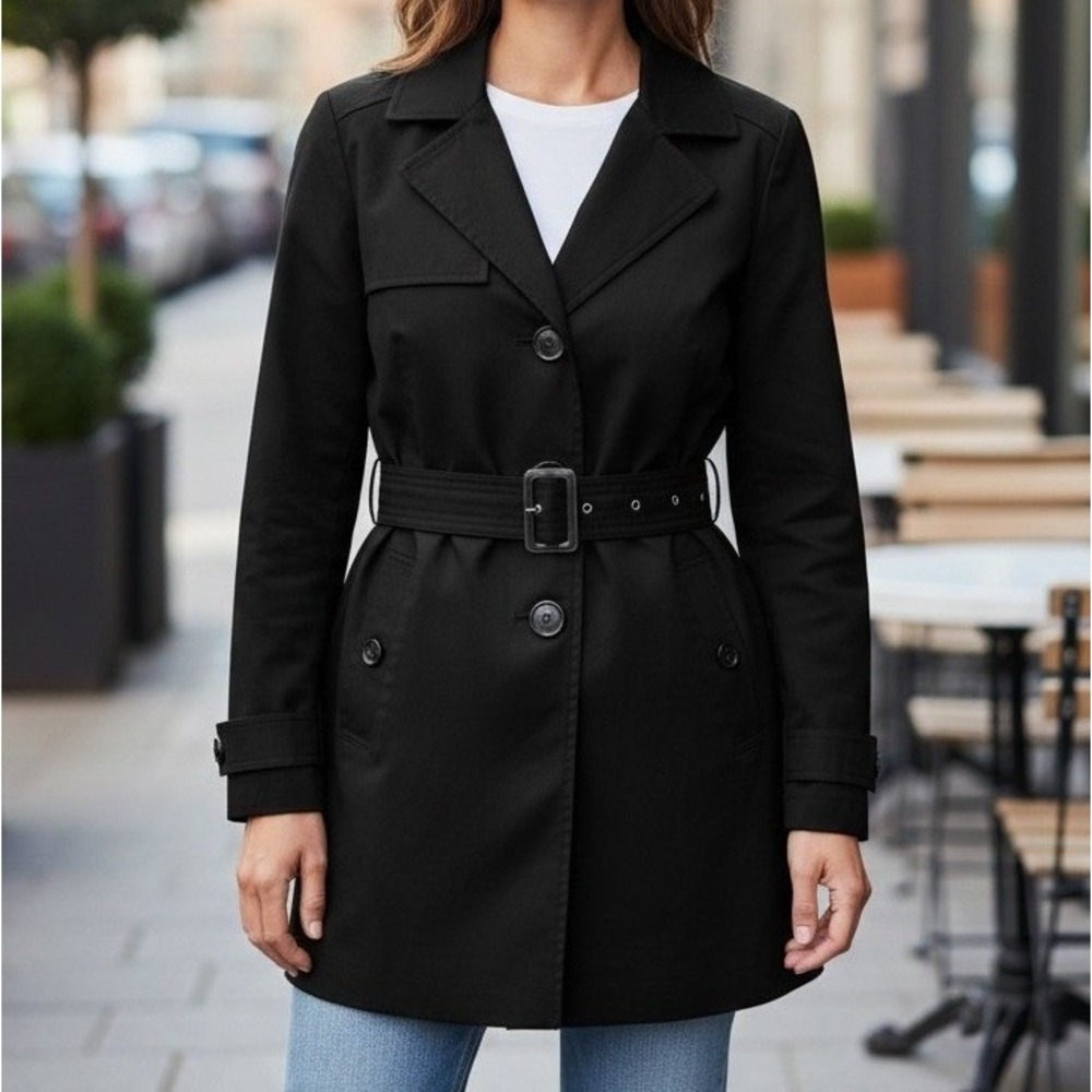 MANGO Womens Jacket XXS Black Cotton Double Breasted Belted Trench Coat Classic